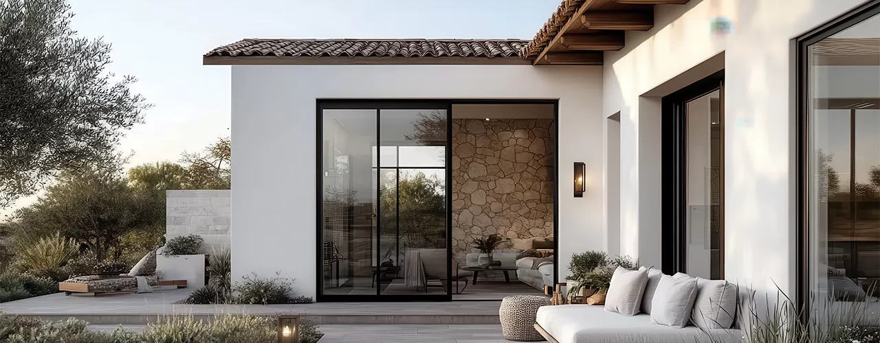 Modern home exterior with slim-profile aluminium sliding doors