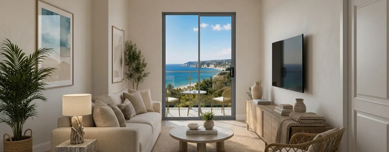 A wide sliding glass door opening onto a sea view