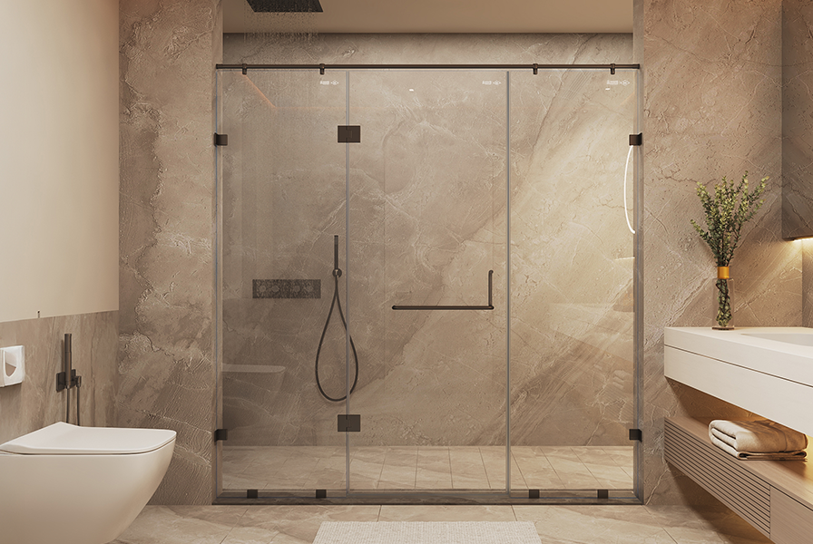 A frameless glass shower enclosure in a modern bathroom