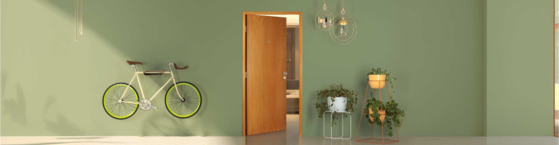 Elegant wooden entrance door opening into a modern home interior